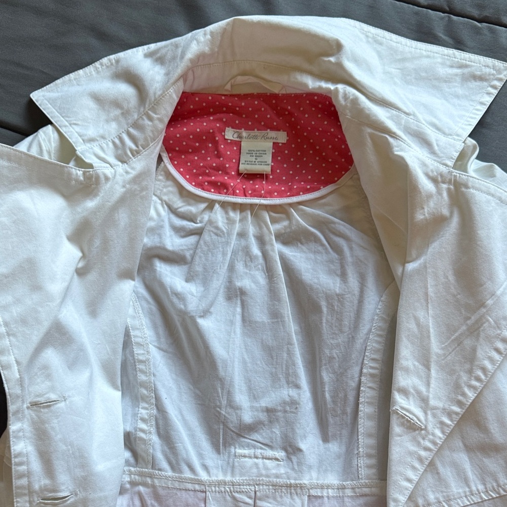 Women’s White Double-Breasted Trench Jacket with Pink Polka Dot Trim - Picture 3 of 3